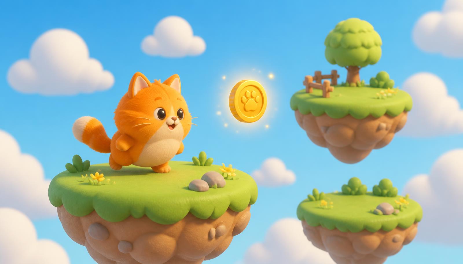 Scena di gioco in 3D morbido: un gatto arancione su un'isola erbosa volante sotto un cielo azzurro, con una moneta d'oro luminosa e altre due isole vicine.